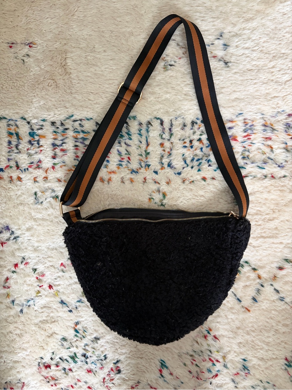Anthroplogie Black Faux-Shearling Crossbody Bag with Striped Strap
